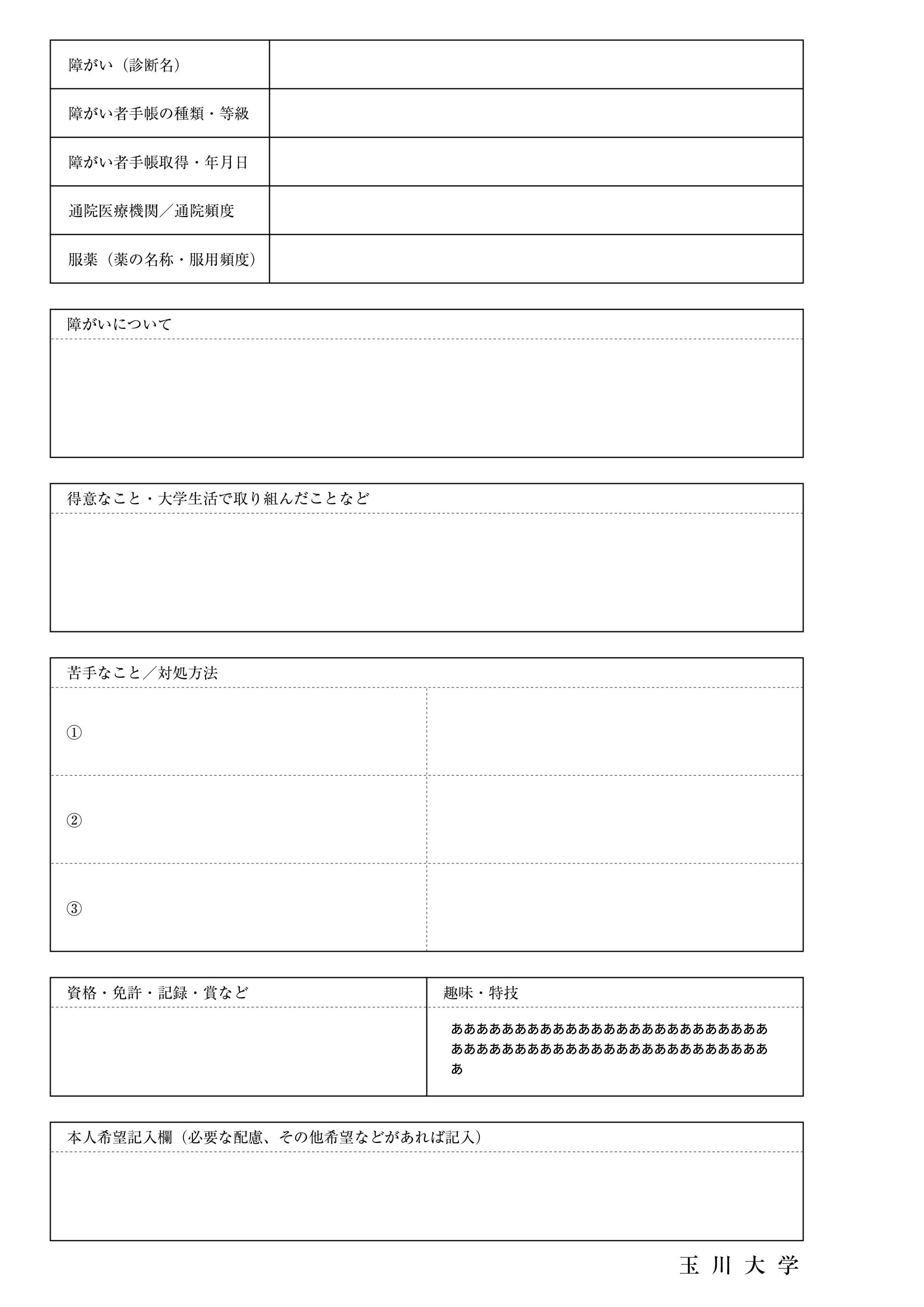大学指定〈A4×2枚版〉（障がいをもつ学生用 ）